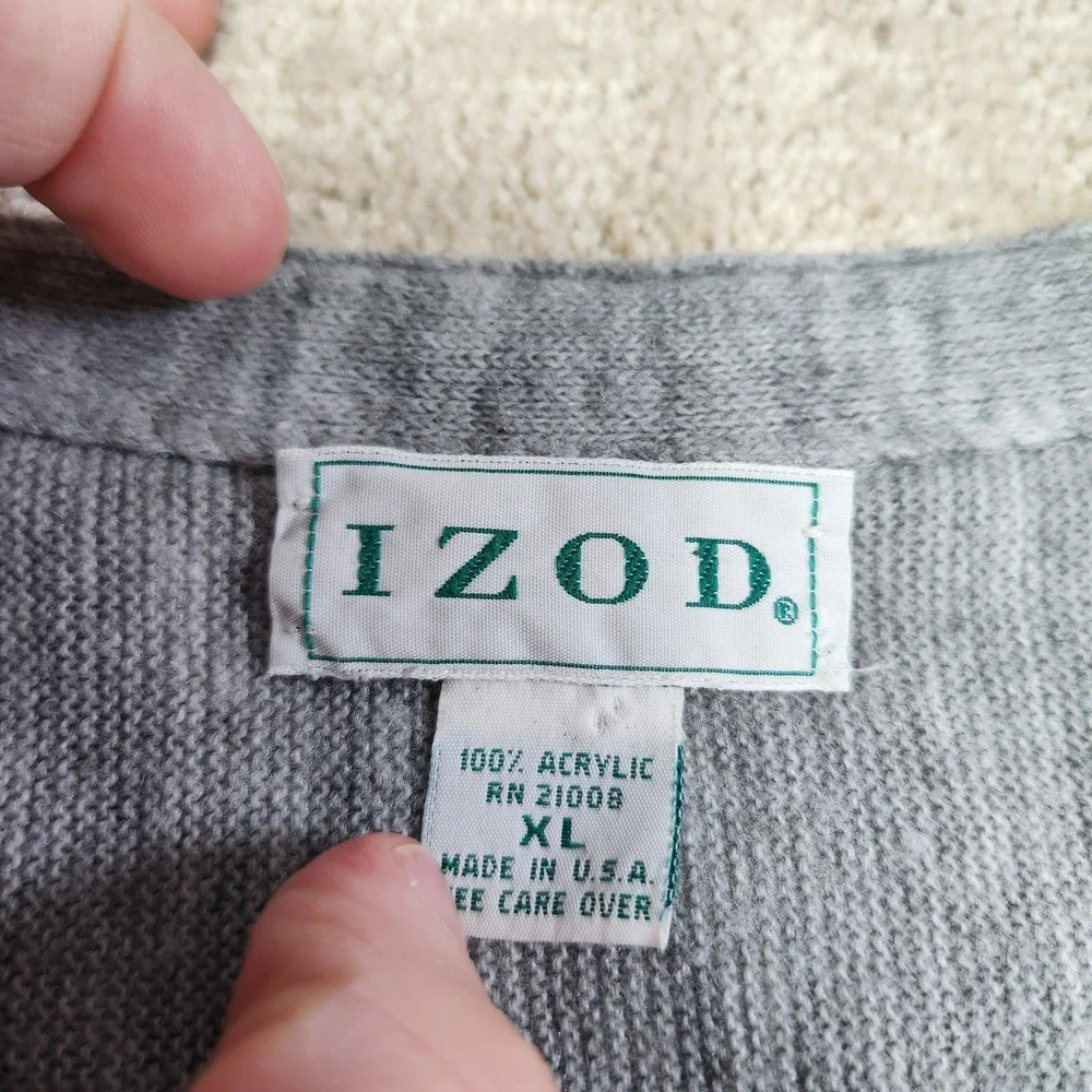Vintage Cardigan Sweater Men XL Izod USA Made Gray V Neck Knit Preppy Tennis‎